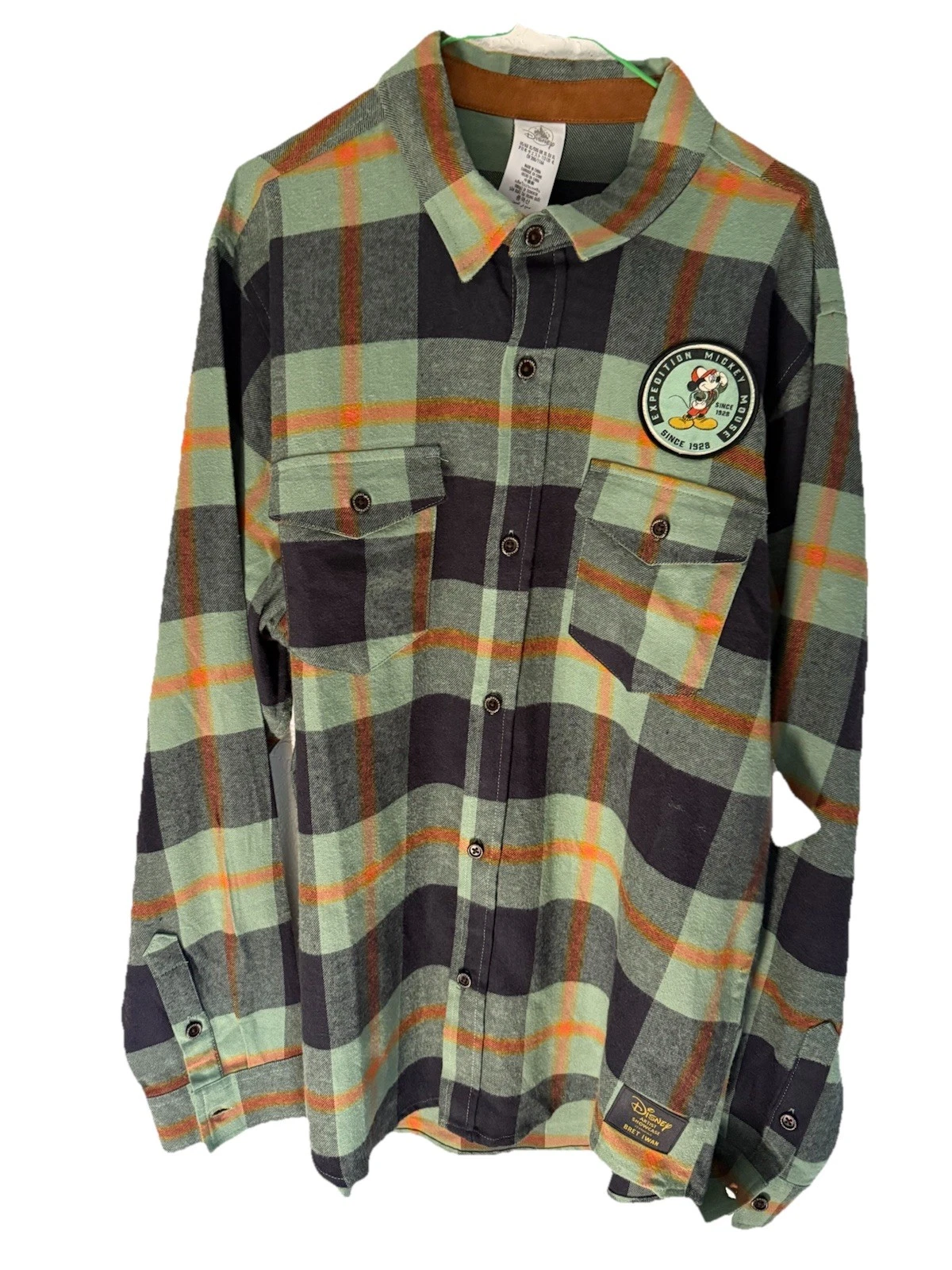Disney Parks Expedition Mickey Mouse Flannel Shirt Plaid Button Up Hiking Patch