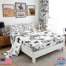 Castle Fairy Western Sheet Set Queen Size Sketch Cowboy Cow And Horse Bedding