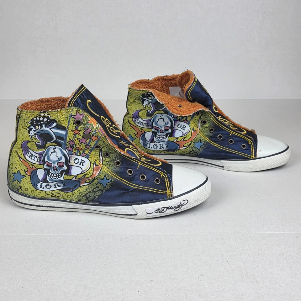 Ed Hardy Sneakers Mens 13 High Top Death Or Glory Skull Tattoo All Over Print - Image 3 of 4