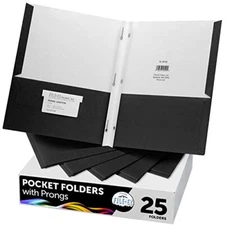 Two-Pocket Folders with 3-Prong Fasteners Black Color 25-Pack Durable Texture...