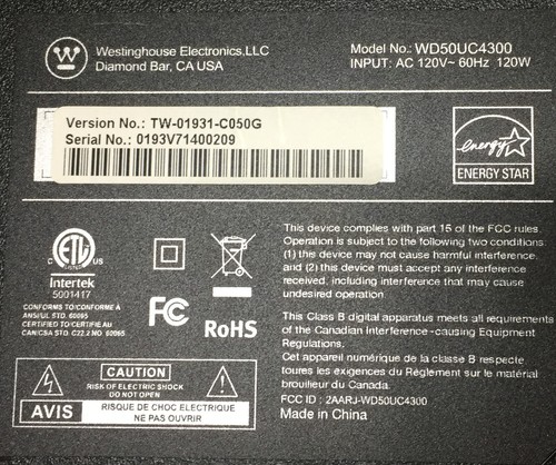 WESTINGHOUSE WD50UC4300 OEM Power Cord Plug - Picture 5 of 5