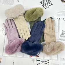 Lady Faux Suede Gloves Faux Fur Trim Driving Gloves Touchscreen Winter Gloves