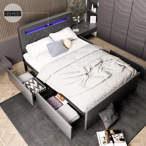 Double Bed Frame Bed Platform with LED Lights Upholstered Headboard 4 Storage - Picture 13 of 15