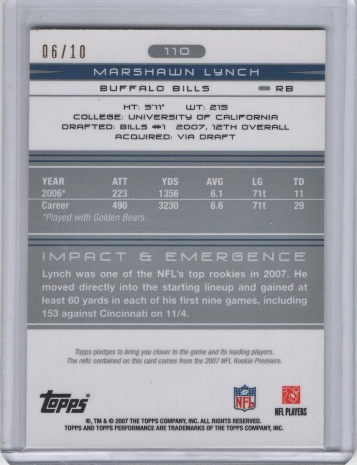 2007 Topps Performance Rookie Relics Jersey Silver #110 Marshawn Lynch RC 6/10 - Image 2 of 2