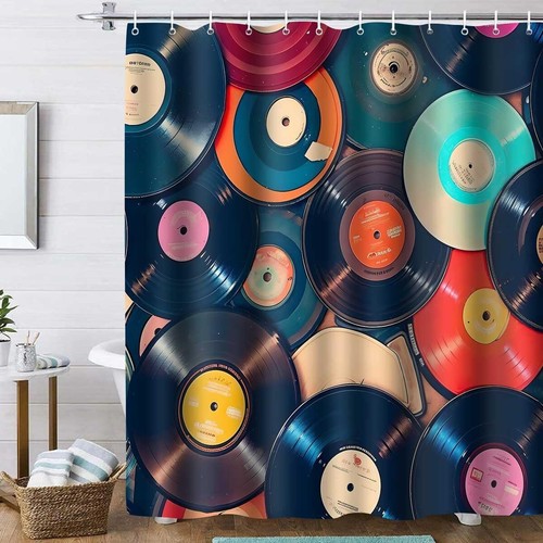 Retro Musik Duschvorhang 72x72 Zoll Musik Schallplatten Badezimmer Duschvorhänge M... - Bild 2 von 3
