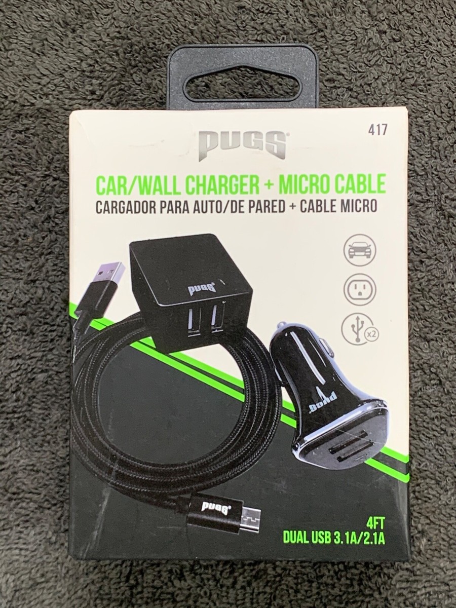 PUGS DUAL CAR CHARGER WALL USB CHARGER 4' MICRO USB