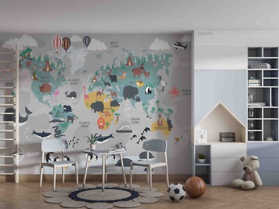 3D Cartoon Grey World Map Animal Wall Murals Wallpaper Murals Wall Sticker