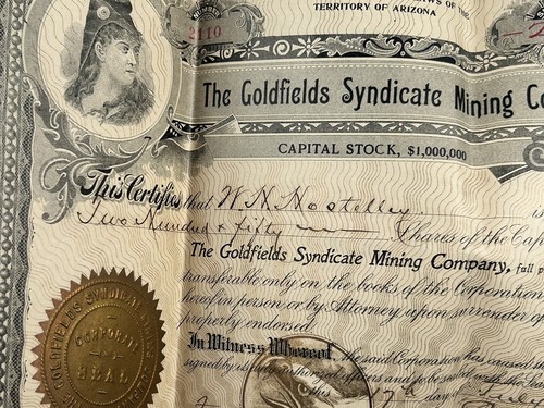 Goldfields Syndicate Stock Certificate Territory Arizona #2110 July 17 1907 - Picture 4 of 7
