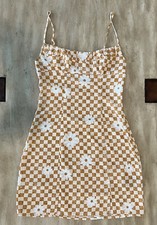 XS Urban Outfitters Orange/Tan Checkered Flower Print Babydoll Mini Dress