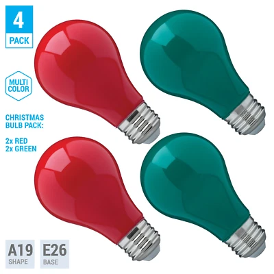 (4 Pack) LED CHRISTMAS LIGHT BULBS 8W Green and Red Color A19 Dimmable 120V E26