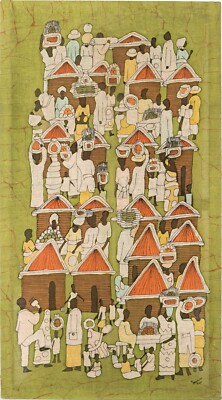 Vintage Batik Fabric Painting Market Scene Africa Wax/Dyed Cloth Art Textile
