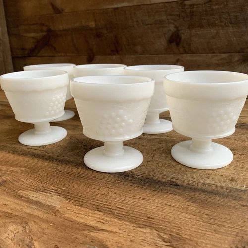 Milk Glass Sherbet Dessert Cups Grape Pattern By Anchor Hocking Vintage