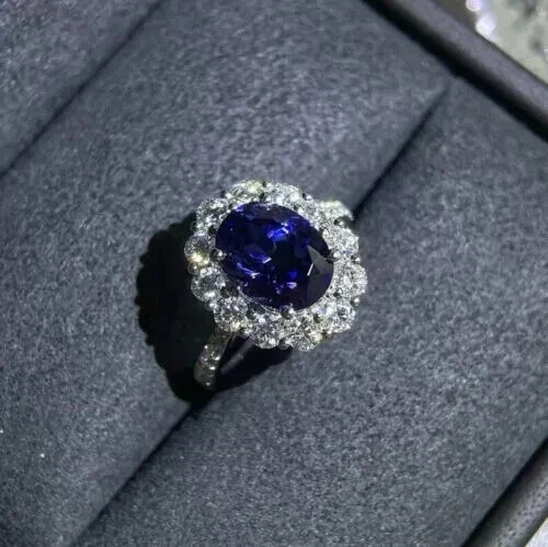 Anel de casamento 4,50 quilates corte oval safira natural e diamante ouro branco 14K sólido - Imagem 2 de 4