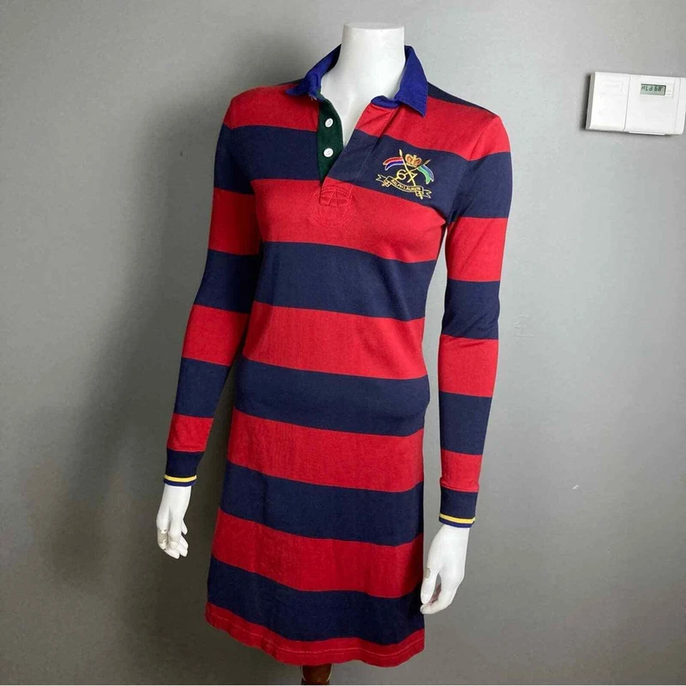 Ralph Lauren Etiqueta Azul Rugby Polo Vestido Rojo Azul Rayas Cresta Pequeño Foto 4 de 4