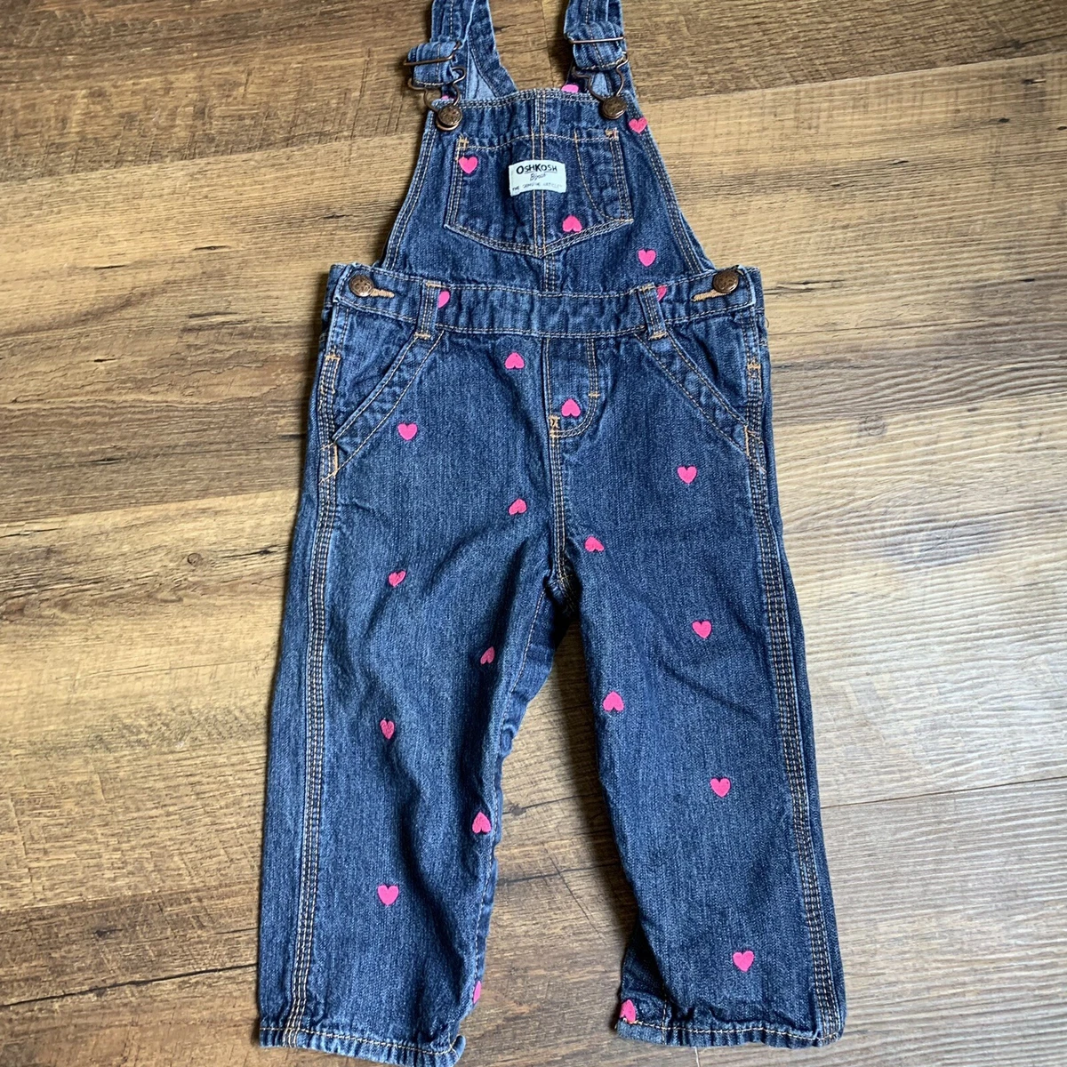 OshKosh Denim Pink Heart Overalls Vestback Girls 24 Months