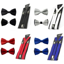 Men's Solid Pre-tied Bowtie Bow Tie Elastic Y-Back Elastic Suspender Brace Set