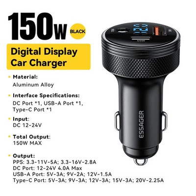 Essager 150W USB C Car Charger Type C PD Fast Charging Adapter For iPhone 16 15
