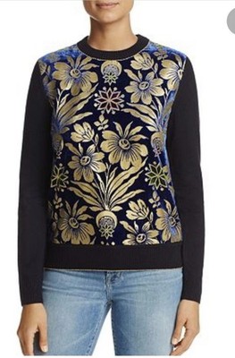 TORY BURCH Hollis Floral Velvet Mixed Blue Gold Metallic Media Sweater Merino SM