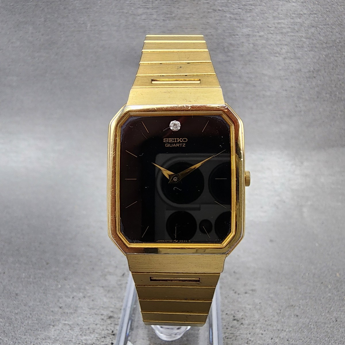 Seiko Tank Watch Men 26mm Black Dial Gold Tone Octagon 5Y30-5B89