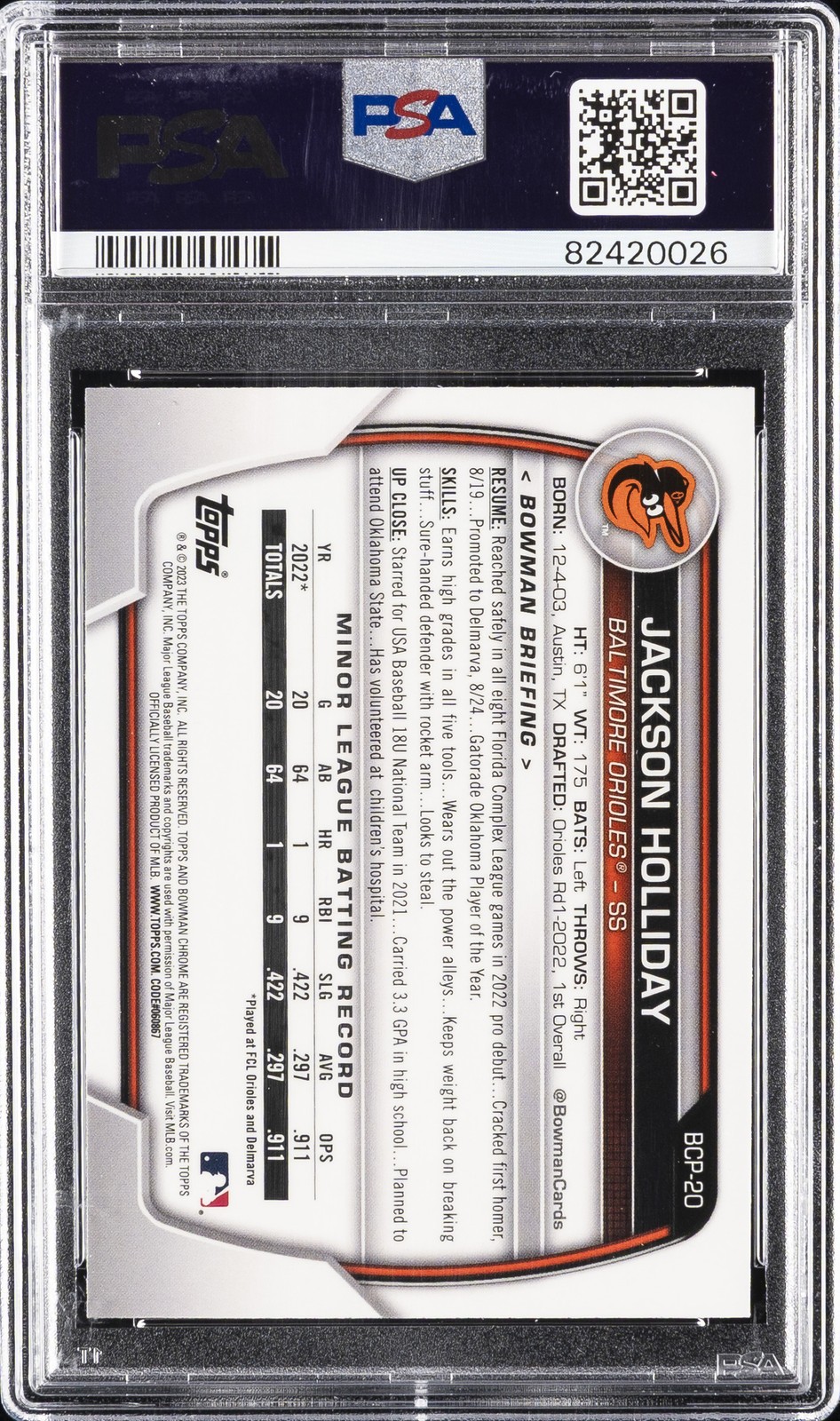 2023 BOWMAN MEGA BOX CHROME #20 JACKSON HOLLIDAY PSA 10 view 2