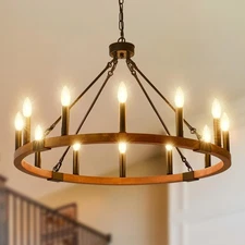 32'' Solid Wood Wagon Wheel Chandelier, 12-Light Farmhouse Chandeliers for Di...