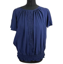 Shein Short Sleeve Blouse Women’s UK Size XL Embroidered Panels Navy Blue 