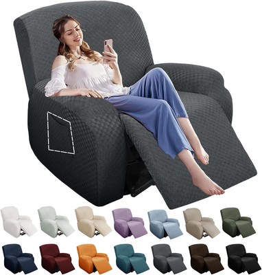 4 x Stretch Jacquard Recliner Cover with Elasticated Bottom, Dark Grey