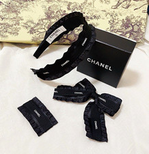 CHANEL Black Fabric Ruffle Logo Headband Bow Hair Accessory Set NO BOX