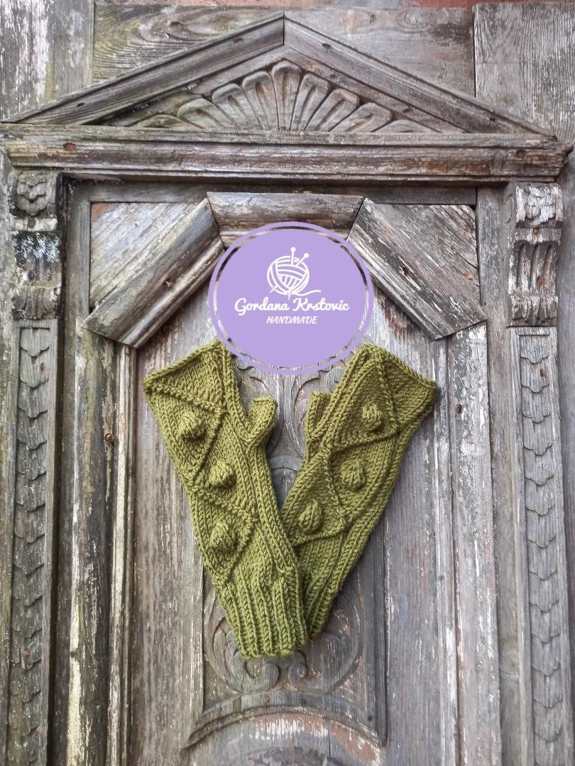 Hand Knit Olive Green Fingerless Gloves Textured Bobble Detail Modern