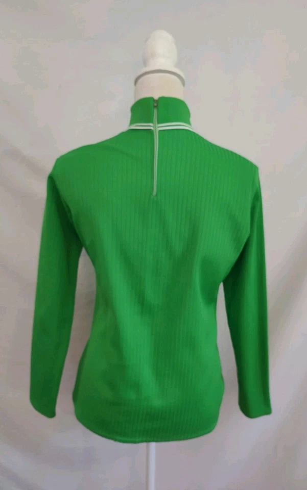 Top Cuello Alto Vintage Años 60 70 Verde Brillante Poli Cuello Rayas Acanalado Cremallera Espalda M Foto 3 de 4