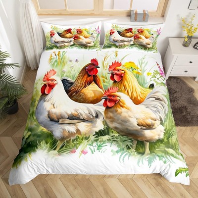 Rustic Chicken Duvet Cover for Kids Boys Girls,Watercolor Rooster Bedding Set...