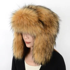 Winter Earflap Cap Outdoor Womens Trapper Hat Faux Raccoon Fur Warm Fox Fur Hats