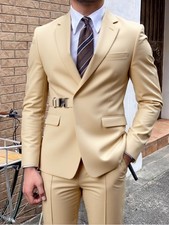 Mens 2Pcs Suit Buckle Metal Belted Wedding Groom Prom Business Suit Blazer Pants