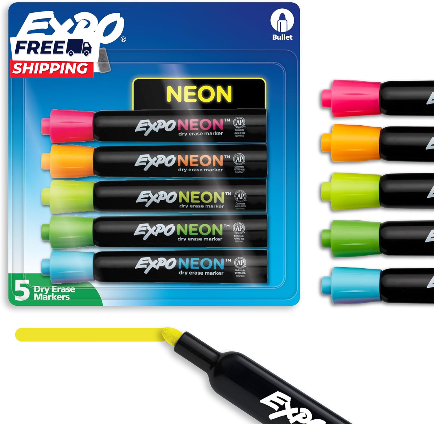 Neon Dry Erase Markers Bullet Tip Assorted Colors 5 Count