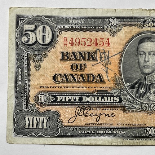 1937 Bank Of Canada $50, Coyne/Towers.  BC-26c. ~VF Condition, Pen Marks. MB-451 - Afbeelding 2 van 6
