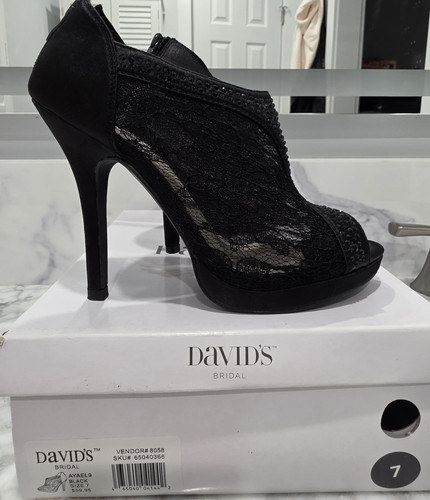 David's Bridal AYAEL9 Black Lace Open Toe High Heel Shoes Size 7