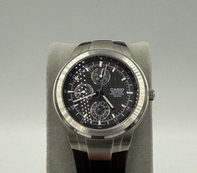 Casio Edifice Silver Stainless Steel Case w Black Plastic Strap Men's Wristwatch