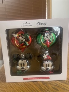 Disney Mickey & Minnie Hallmark 4 Icon Blown Glass Christmas Ornaments NEW  BOX