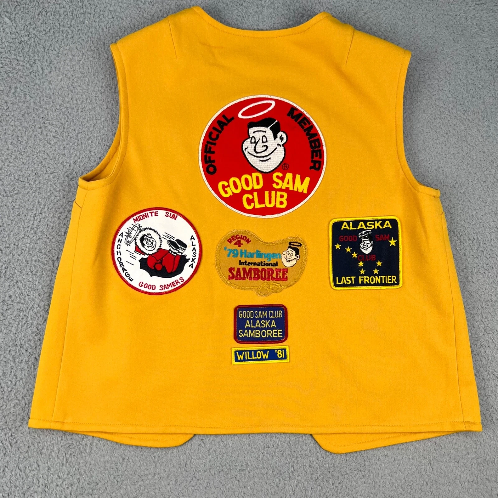Vintage 70's Good Sam Camping Vest Small Yellow Double Sided Patches USA Travel