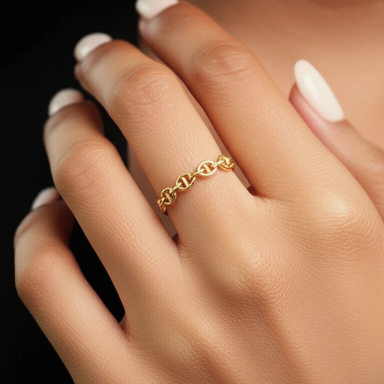 14K Real Solid Yellow Gold Dainty Mariner Link Minimalist Chain Band Ring - Image 3 of 4