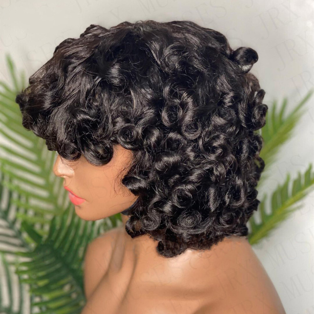 Bouncy Curly Human Hair Wigs with Bangs Malaysian Remy Short  display picture 1