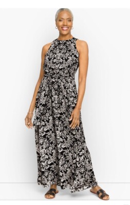 NWT Talbots 10 Black & White Halter Maxi Dress Medallion Sleeveless Long  Dress | eBay