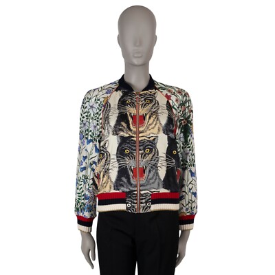 70764 auth GUCCI multicolor silk 2017 HOLLYWOOD FLORA CAT Bomber Jacket 40 S