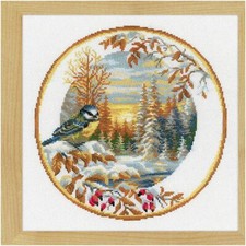 "Nature's Palette: Great Tit Delight Cross Stitch Kit - 11" x 11" - 14 ct. White