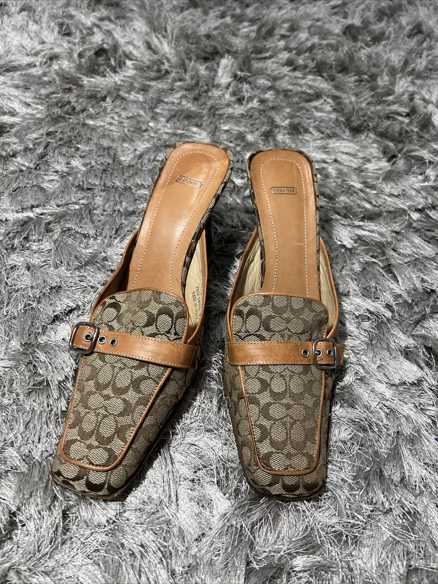 Vintage Coach Gwynne Square Toe Size 9 B Mid Heel Logo Brown Mules Shoes