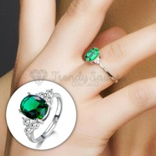 925 Sterling Silver Engagement Finger Ring Green Emerald Stone Adjustable Band
