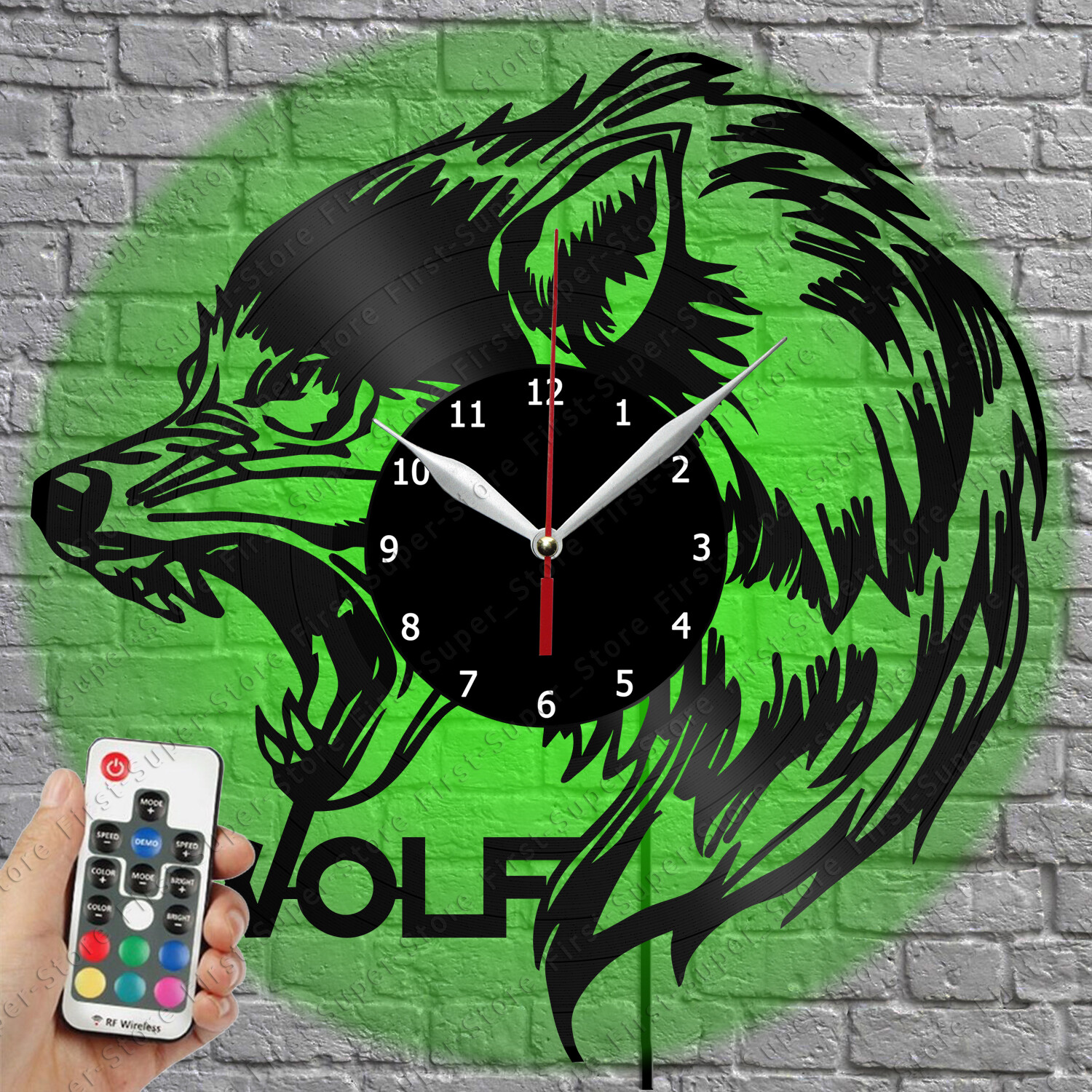 LED Wolf Vinyl Record Wall Clock with Light - Unique Retro Design 2884
