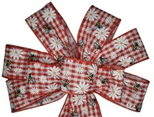 10" Hand Made Wired Honey Bee and Daisy on Red Check Wired Wreath Bow - Summer