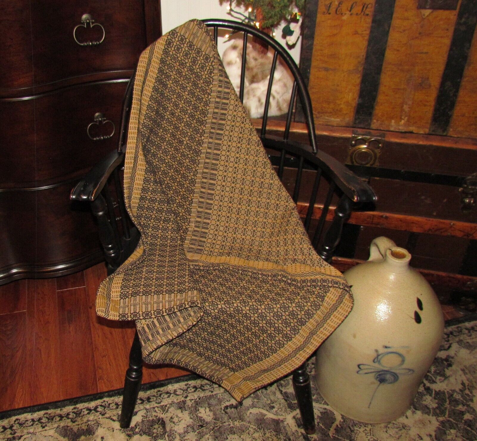 Prm Antique Vtg Style Blk Richburg Weave Cotton Woven 32" COVERLET Square AQ91SS