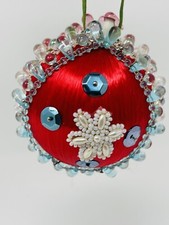 Vintage Ornate Push Pin Christmas Satin Embellished Ornament Sequins Beads